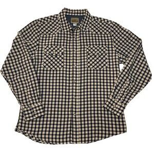 Roebuck & Co Mens Large Western Flannel Shirt Navy Blue Plaid Pearl Snap L/G VTG